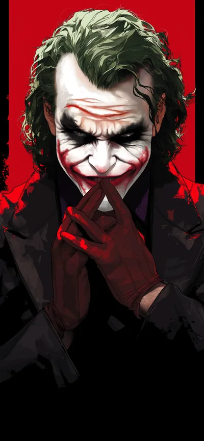 Digital painting of the Joker pressing red leather gloves to his chin, the backdrop split into red and black halves behind his green curls.