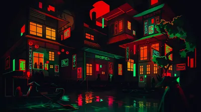 Dark Houses Lit in Red and Green HD Wallpaper