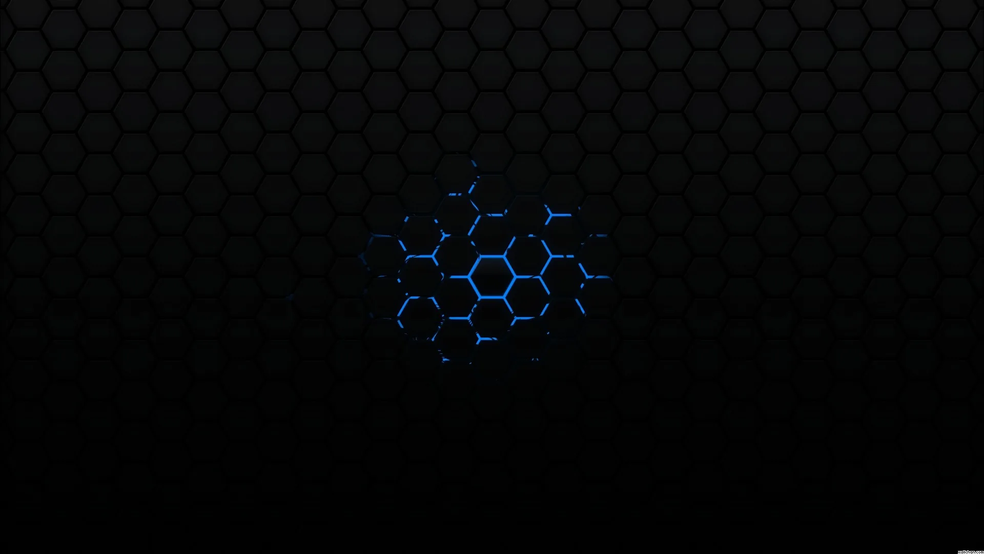 A cluster of glowing blue hex rings floats at the centre of a dark honeycomb grid, the glow dying out well before the edges.