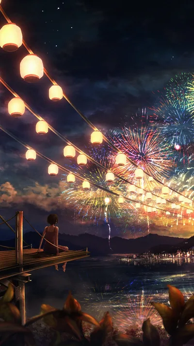 Firework Girl Dark Night Anime Art Illust iPhone Wallpaper