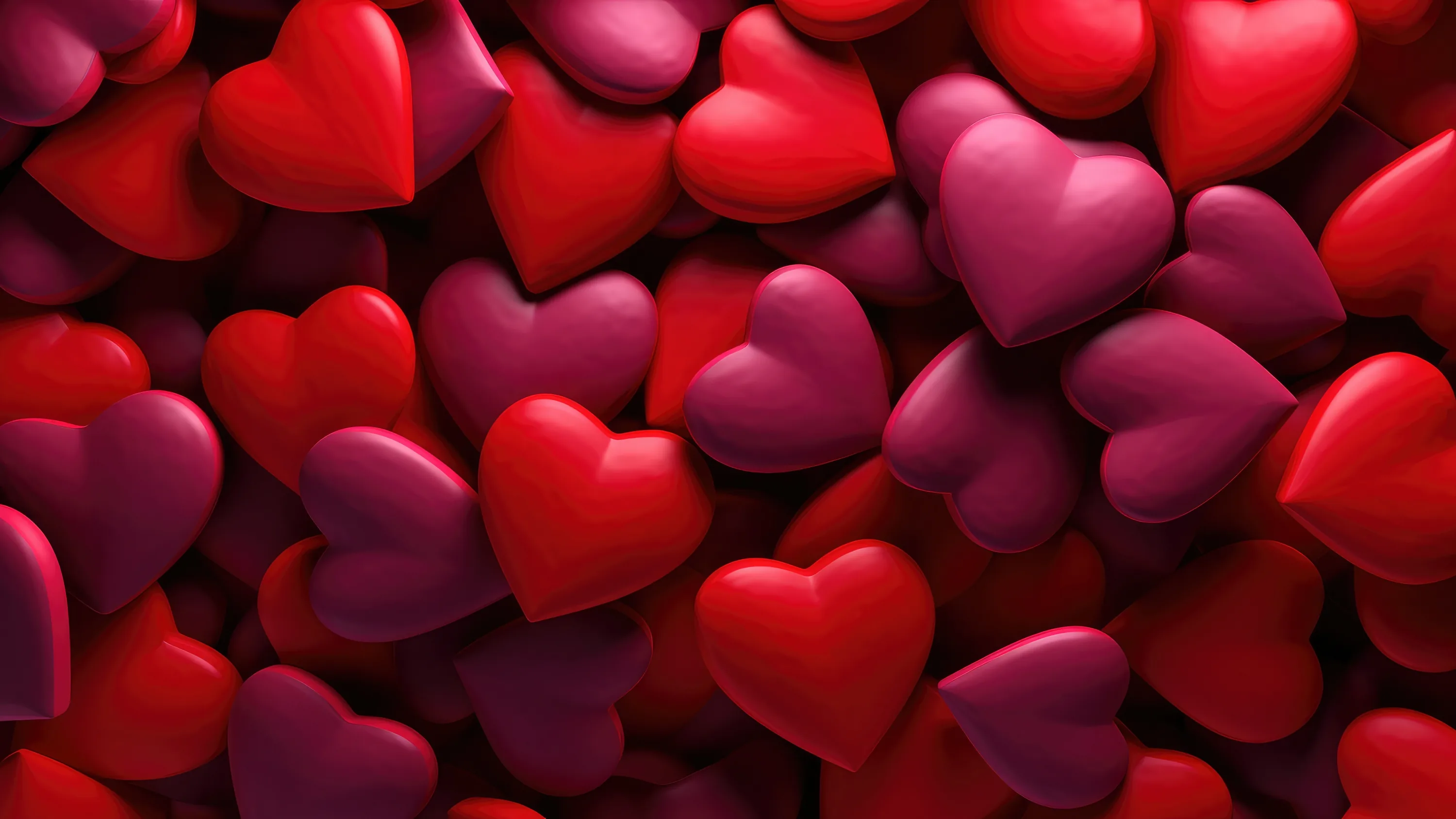Candy-smooth hearts in ruby, magenta and plum pile edge to edge, the deepest shadows between them near black, so the busy pattern hides icons anywhere on screen.