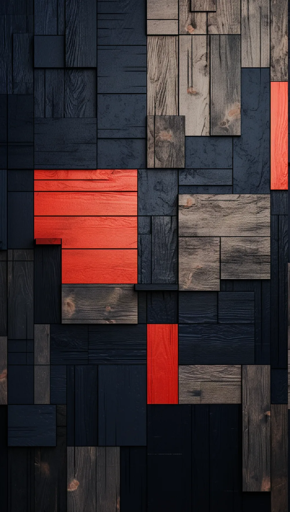 Abstract Wooden Wall with Red and Black Squares Wallpaper
