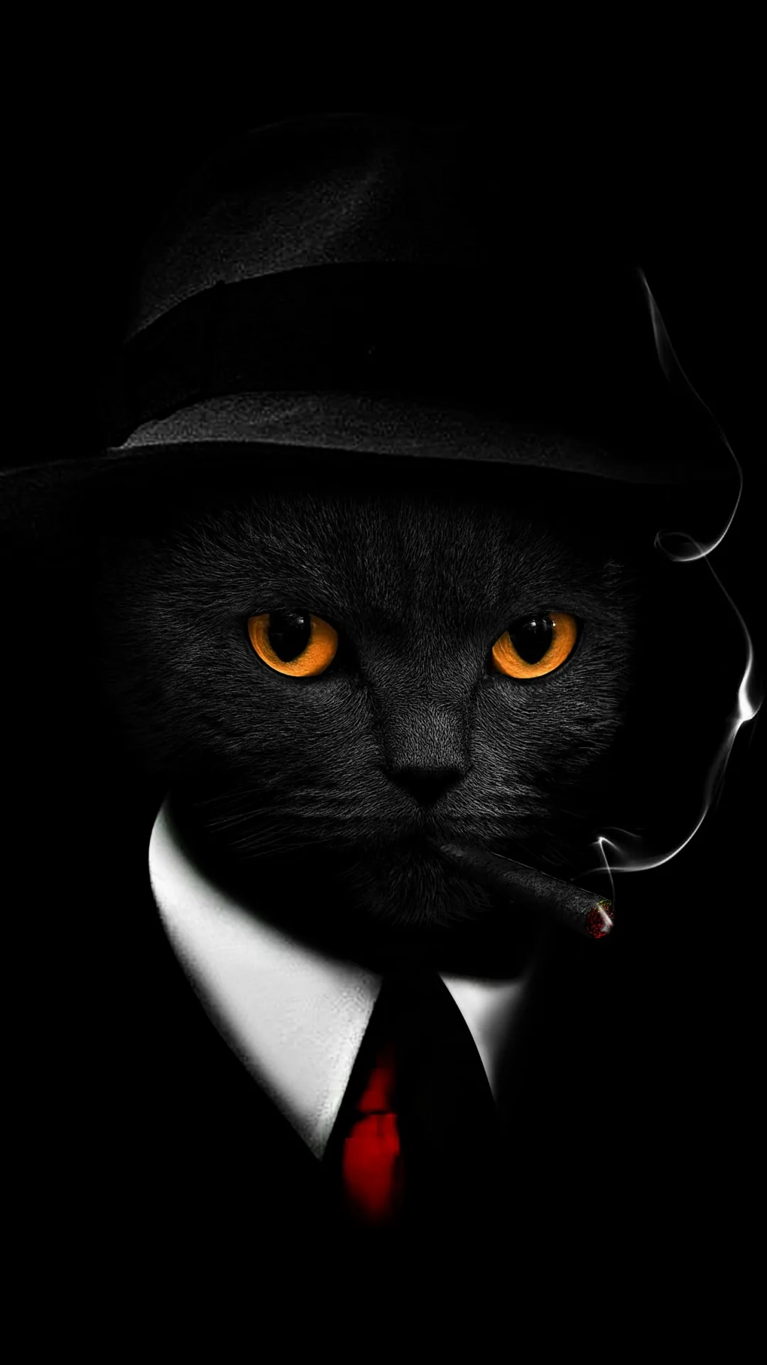 A black cat in a fedora, white shirt and red tie holds a cigarette, orange eyes lit from above and the rest of the frame dark.