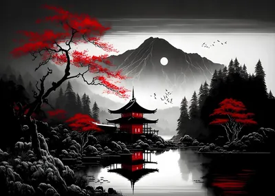Lakeside Temple with Red Maples HD Wallpaper