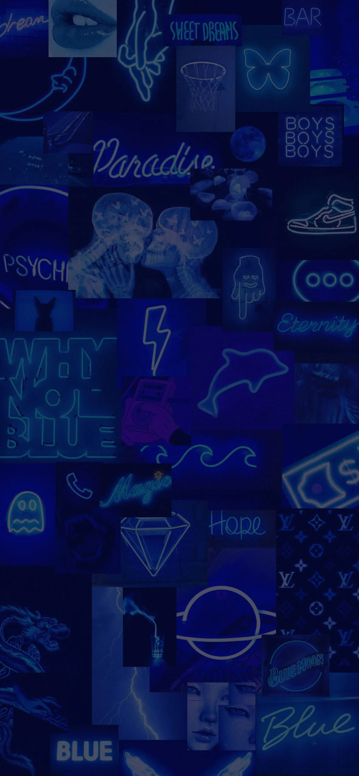 Dozens of neon doodles — lips, a dolphin, a sneaker, and a diamond — tile the frame in one deep navy wash, growing darkest along the bottom row.