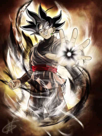 A painted Goku Black offers a white star of light in his open palm, amber smoke swirling clockwise so only the bottom edge falls fully dark.