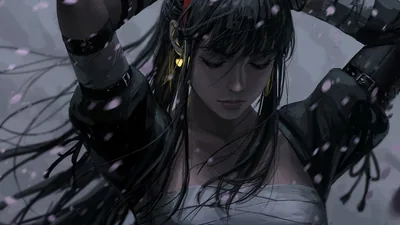 Anime Girl with Arms Raised Among Petals HD Wallpaper