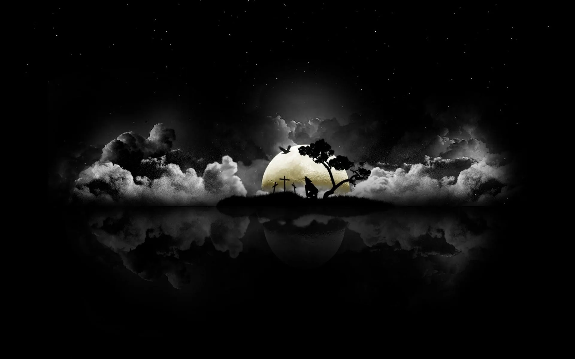 The moon burns through banked cloud behind a single bare tree on a spit of land, the whole scene repeated upside down in the water below.