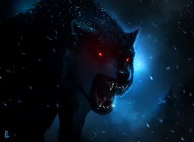 Black Wolf Wallpaper 4K, Red eyes, Snowfall