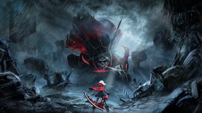 Small Warrior Facing a Giant Beast in Ruins HD Wallpaper
