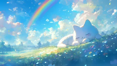 Giant Cat Asleep Under a Rainbow HD Wallpaper