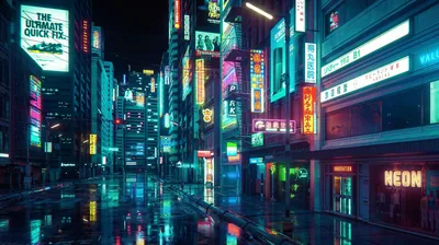 Empty Wet Road Between Neon Signs HD Wallpaper