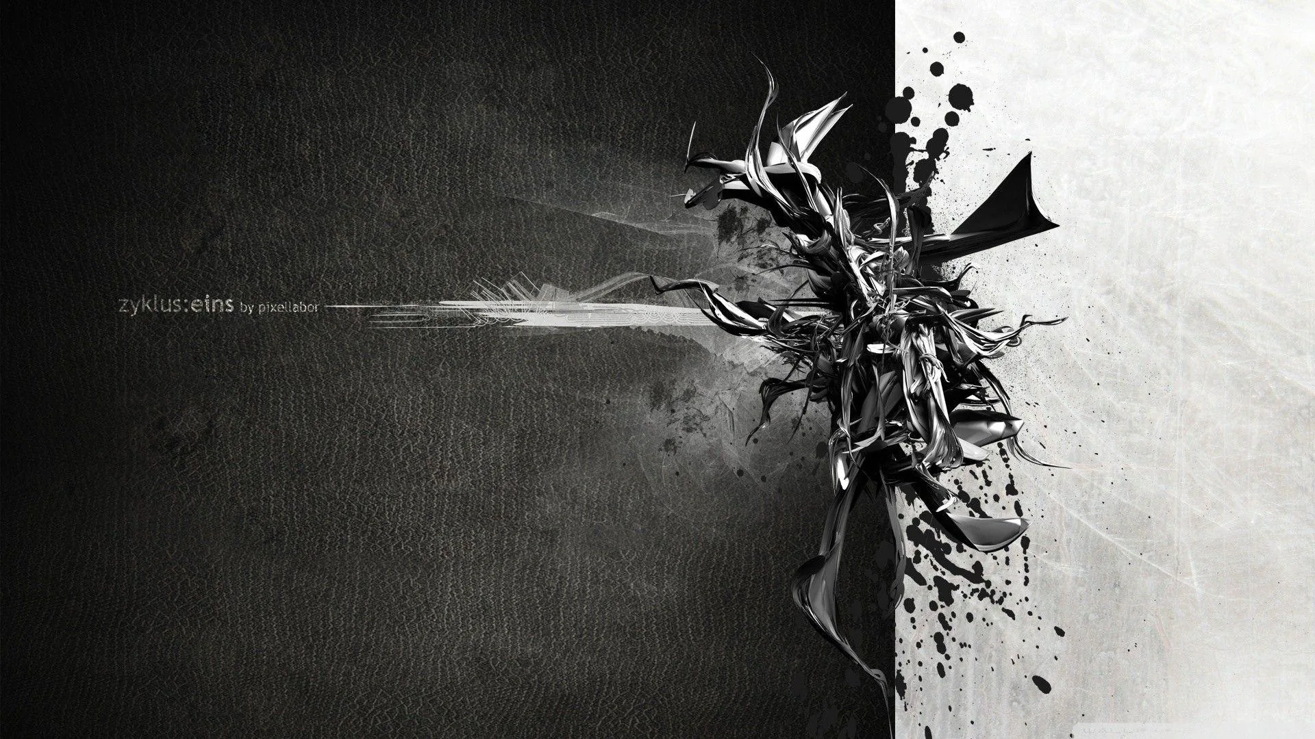 The frame splits down the middle into black and white halves, a winged figure bursting apart into shards where the two sides meet.