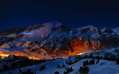 Village Lights Glowing Below Snow Peaks HD Wallpaper