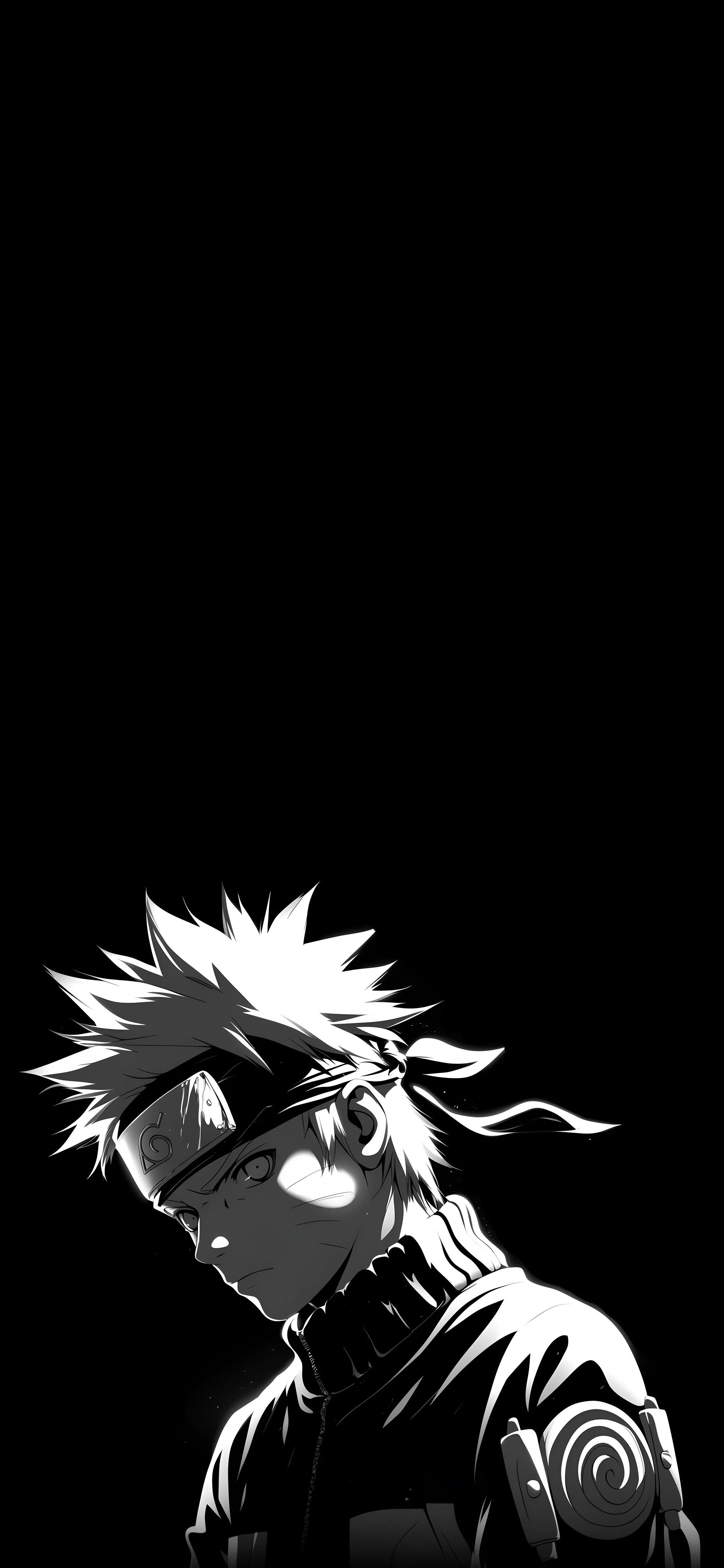 A tall phone crop in black and white — spiked hair, the leaf headband and a swirl on the shoulder pushed to the bottom, leaving the top clear for icons.