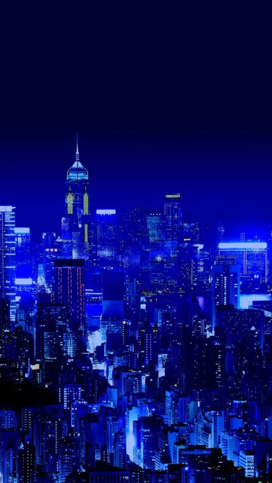 High rise towers glow in a single shade of royal blue beneath a sky that deepens to near black, keeping the status bar area dark.