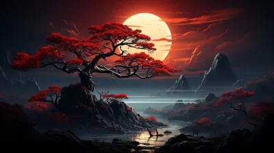 Red Tree Before a Full Moon HD Wallpaper
