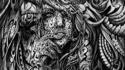 Biomechanical Face in Detailed Line Art HD Wallpaper