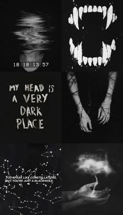 Dark Collage with Fangs and Text HD Phone Wallpaper
