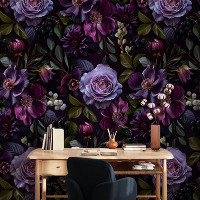 Moody Gothic Dark Floral Wallpaper Peel and Stick Large Vintage Purple Flowers on Bla
