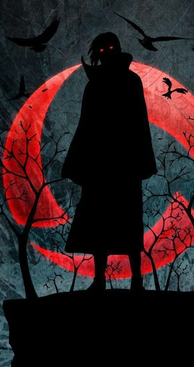 Cloaked Figure Under a Red Moon HD Phone Wallpaper