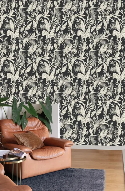 Black All Over Branches & Leaves Tropical Wallpaper R9313