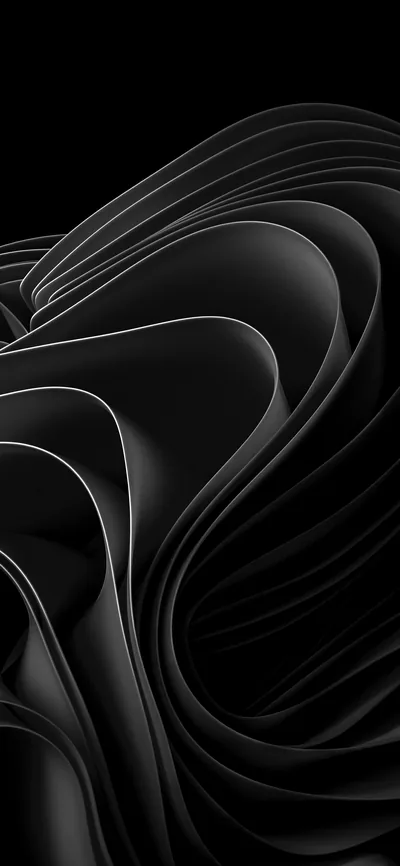 The Windows 11 bloom rendered in black, its ribbons stacked and curling through the middle of a tall phone frame with clear space above and below.