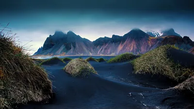 mountain, Beach, Black, Sand, Dune, Iceland, Cliff, Grass, Clouds, Landscape, Nature