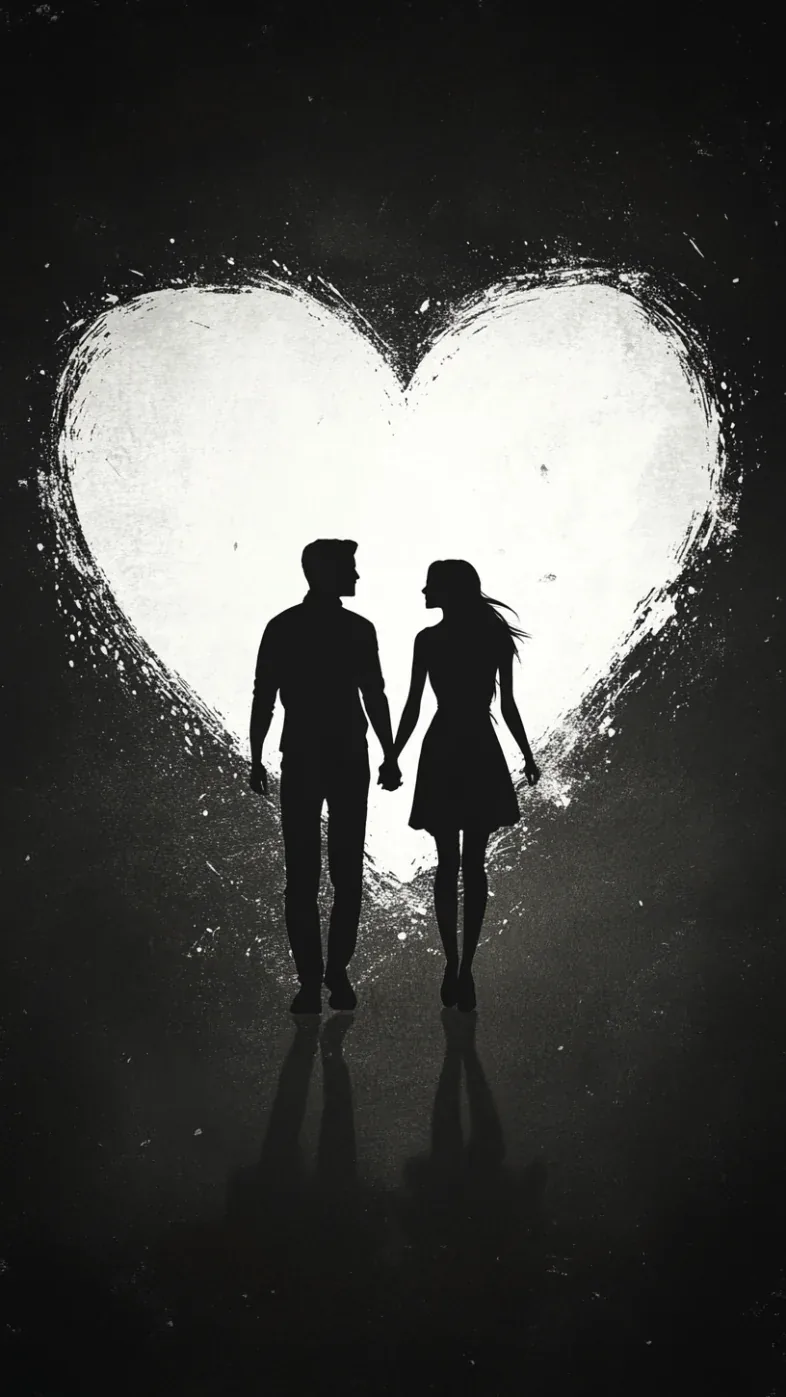 Two figures walk hand in hand toward a heart painted in rough white light, their reflection stretching along the wet floor.