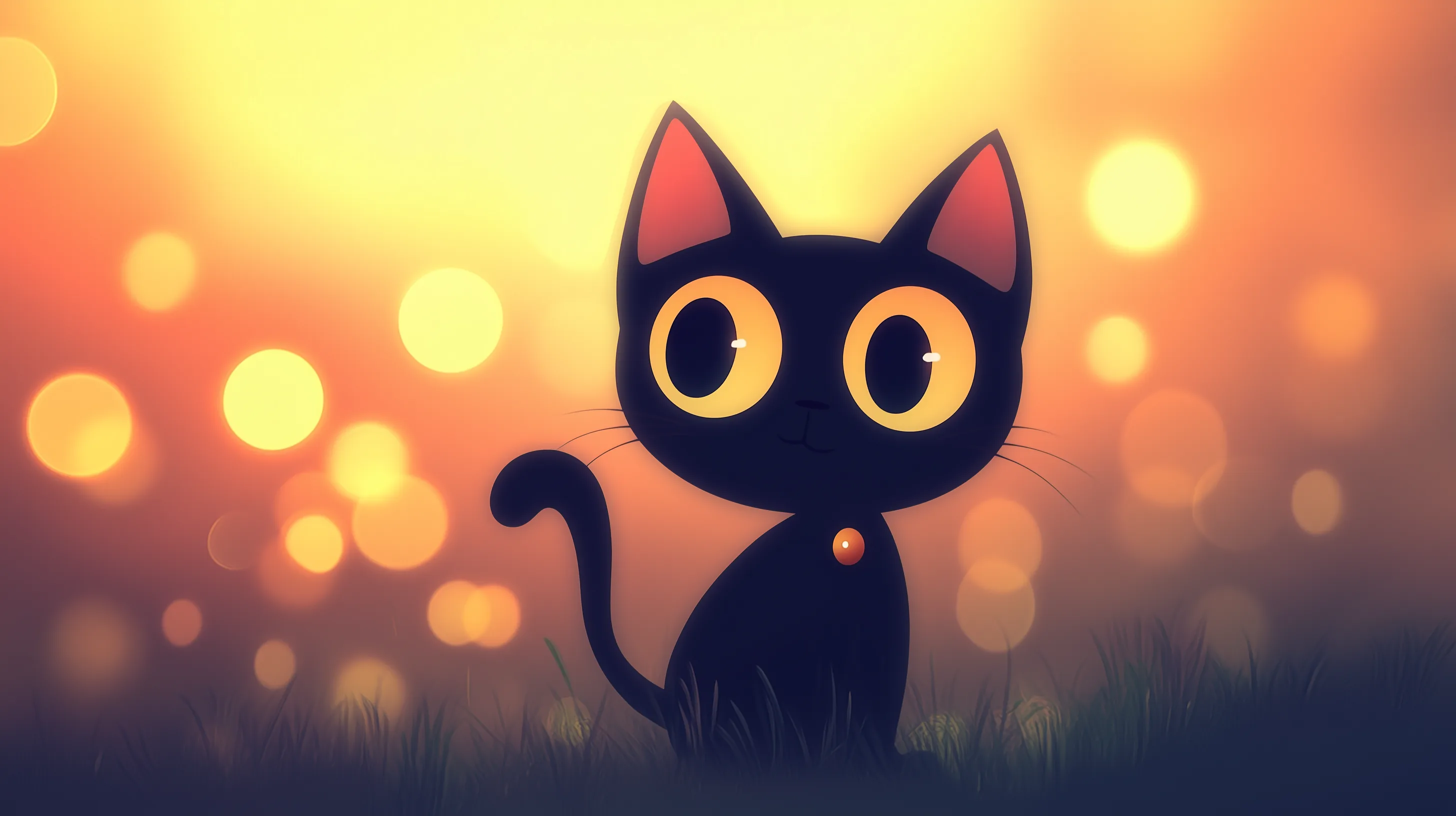 A cartoon black cat sits in silhouetted grass, backlit by a warm orange sunset full of soft bokeh circles that brighten toward the upper left.