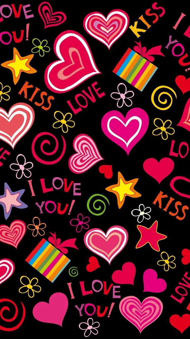 Hearts, stars, gift boxes and Kiss and I Love You lettering in bright sticker style, packed edge to edge on black.