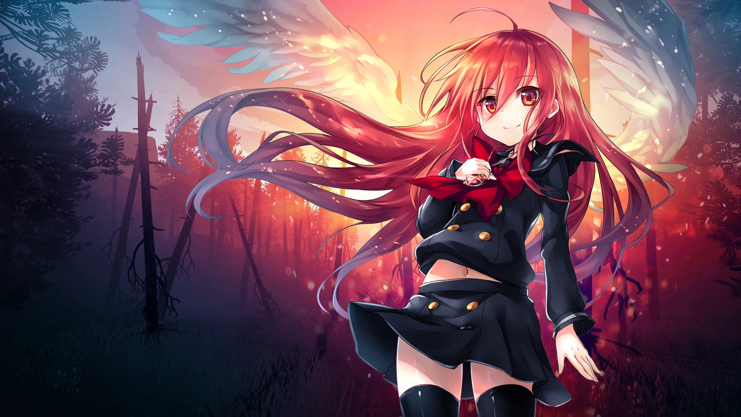 A red-haired girl in a black school uniform stands in a scorched twilight forest, her long hair streaming sideways as embers drift past bare power poles.