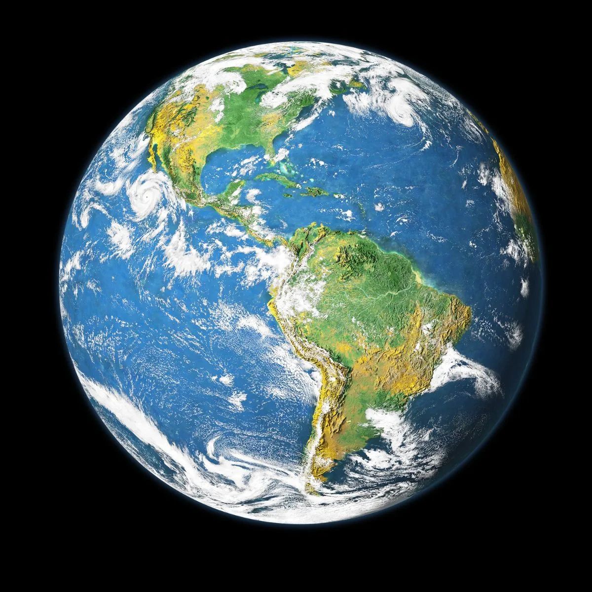 A painted-style globe with yellow-green continents and thick cloud swirls, filling the square frame edge to edge so it survives mural or profile crops.