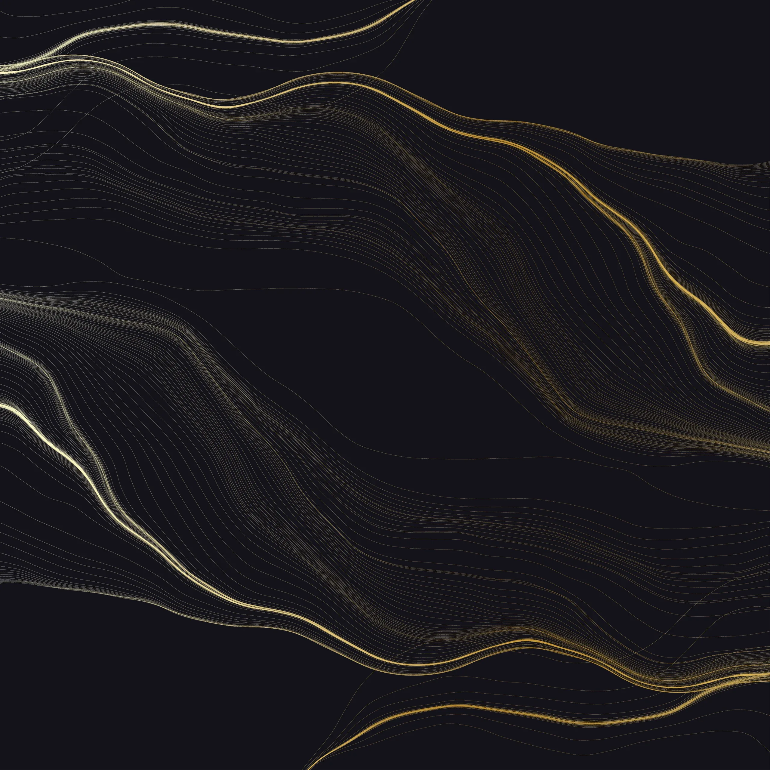Thin champagne and silver contour lines ripple diagonally across a black field, densest through the middle, leaving the lower-left corner in flat black for icons.