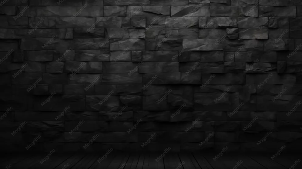 Rough black stone blocks fill an empty interior, a strip of dark timber floor running along the bottom of the frame.