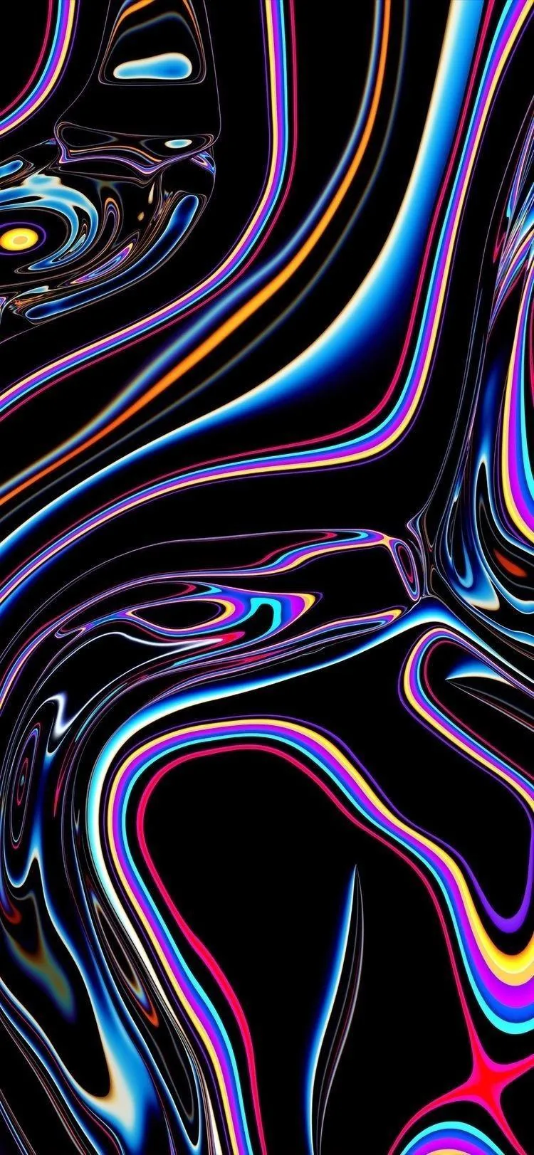 Ribbons of blue, magenta and gold marble through a glossy black surface like oil on water, brightest along the lower right.