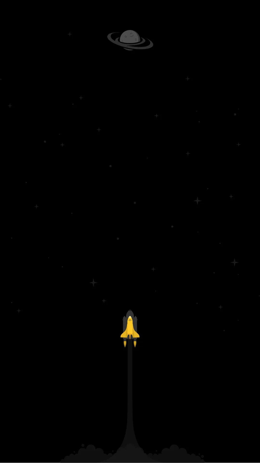 A small yellow rocket climbs on a smoke trail toward a ringed planet, minimal flat art on a starry black sky.