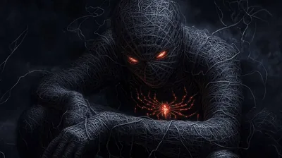 Web-Wrapped Figure with Red Eyes HD Wallpaper