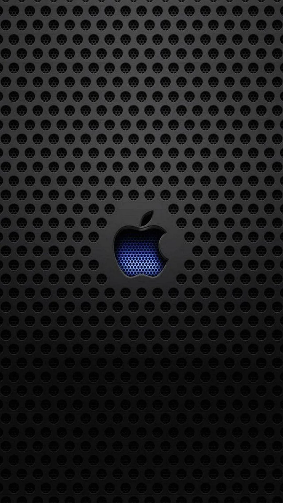 A perforated dark metal grid fills the screen, one hole filled with a small blue Apple logo just above the centre.