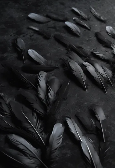Jet black feathers scattered across a dark stone floor Wallpaper