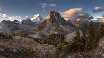 Rugged Peak Above Larch-Lined Lakes HD Wallpaper