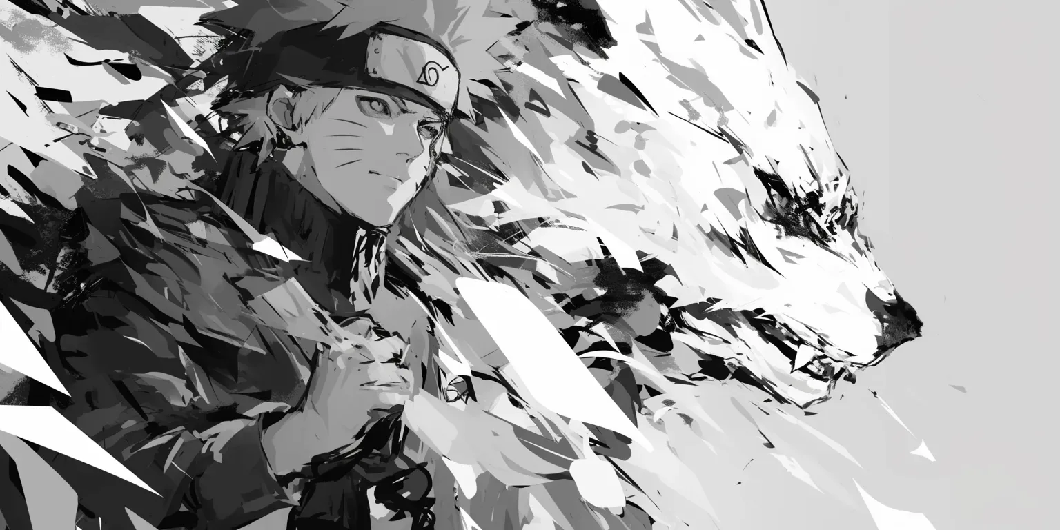 A grey and white composition where Naruto's face on the left dissolves into jagged shards that reassemble into a snarling fox on the right.