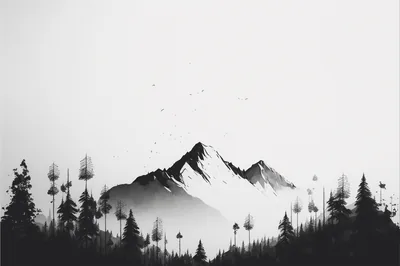Misty Mountain and Pine Forest in Ink HD Wallpaper