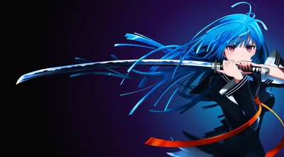 Blue-Haired Girl Drawing a Katana HD Wallpaper