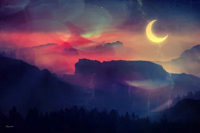 Crescent Moon Over a Mountain Ridge HD Wallpaper