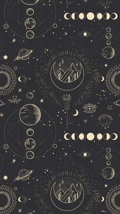 Celestial Line Art Pattern on Charcoal HD Phone Wallpaper