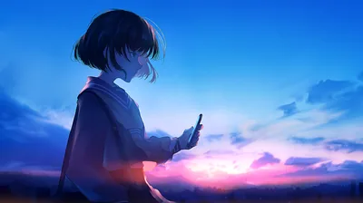 HD Anime Girl with Short Black Hair and Smartphone at Sunset