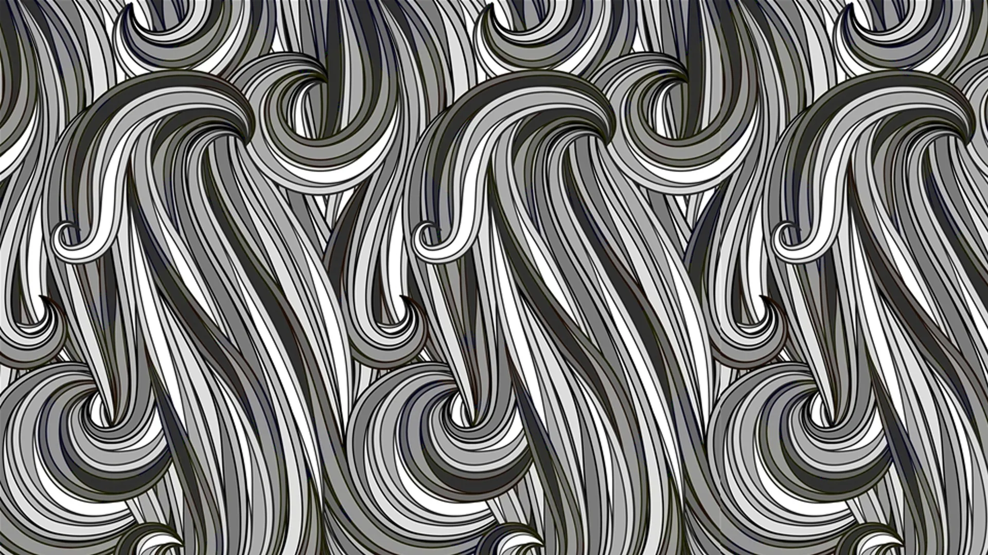 Rolling metallic curls repeat across the frame with hard highlights along each ridge, reading like brushed steel.