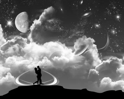 Couple on a Hill Under Ringed Planets HD Wallpaper
