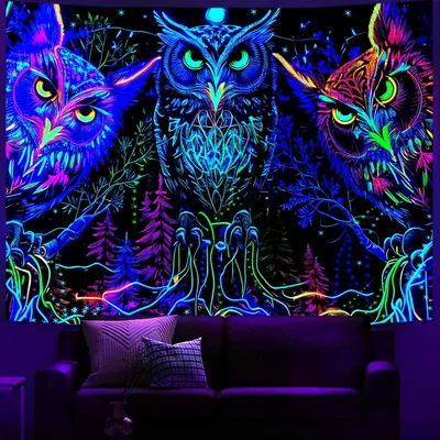 Three Neon Owls Under Blacklight HD Wallpaper